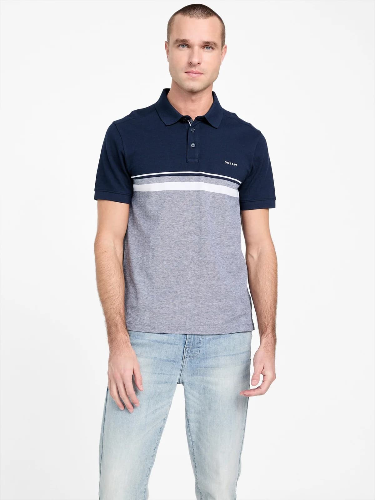 Polo Teo de bloques de color a rayas en color planetary blue