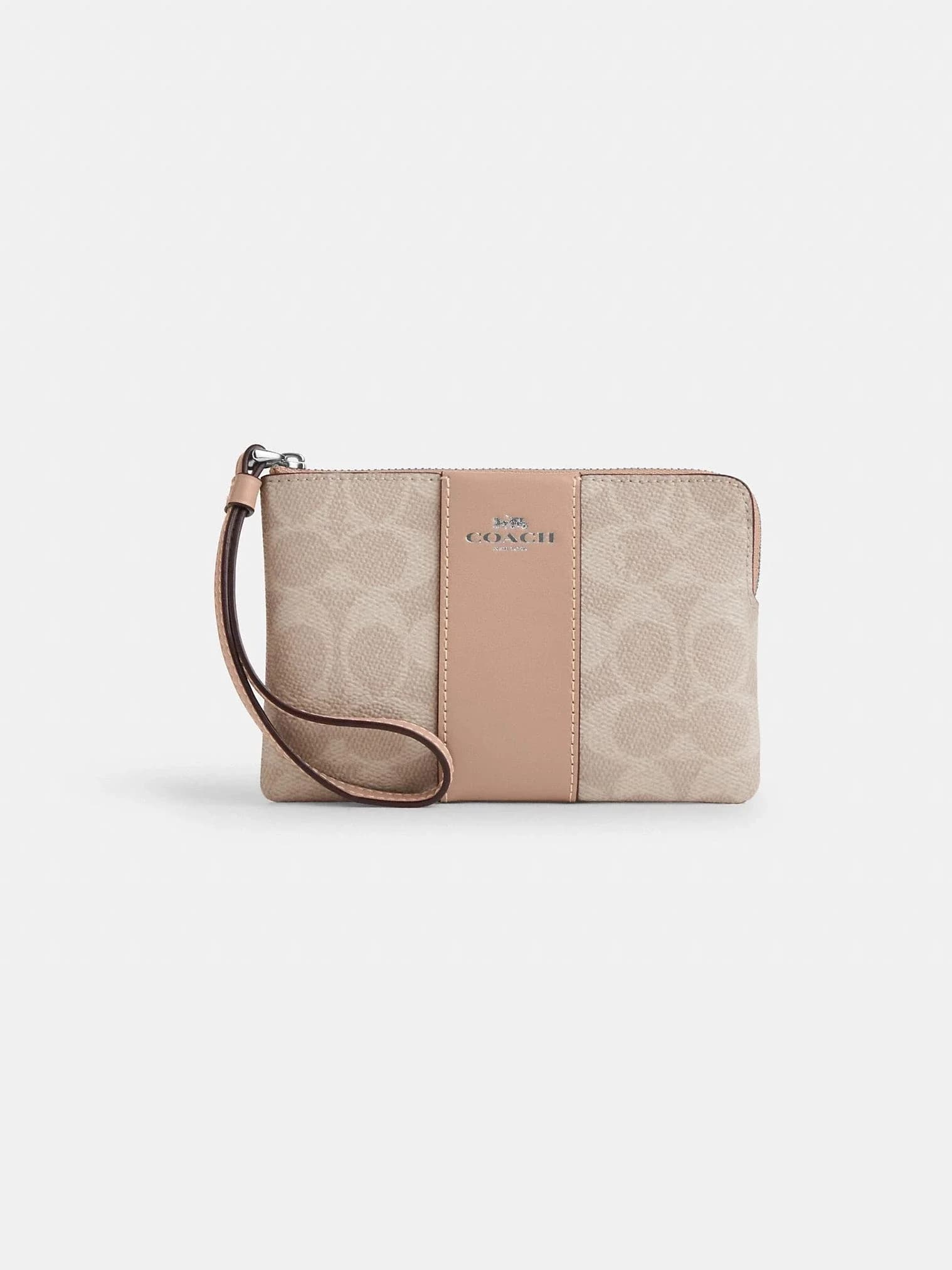 Monedero de Muñeca Corner Zip en Lona Signature con Franja en color Plateado / Arena / Taupe
