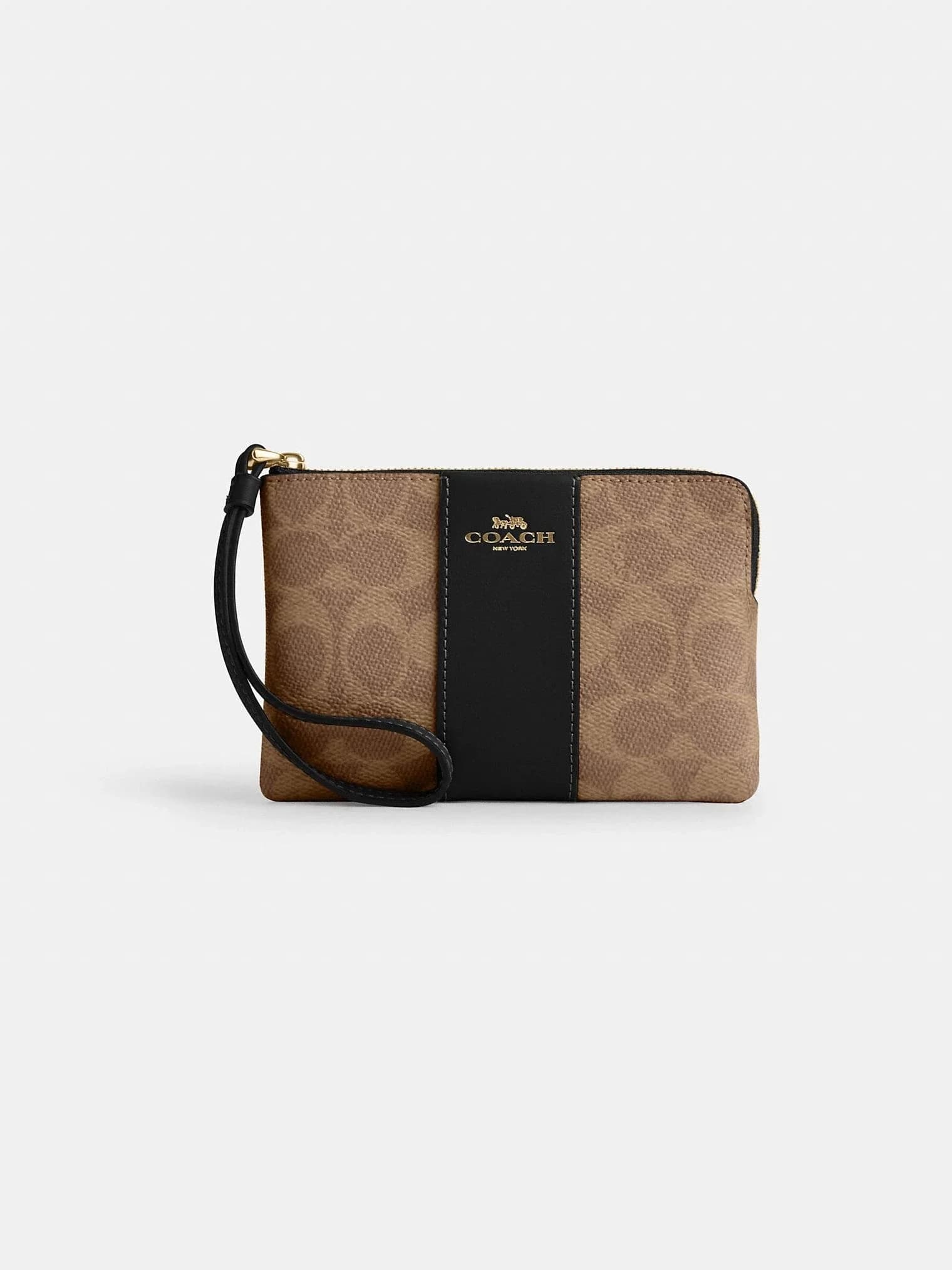 Monedero de Muñeca Corner Zip en Lona Signature con Franja en color Dorado / Camel / Negro