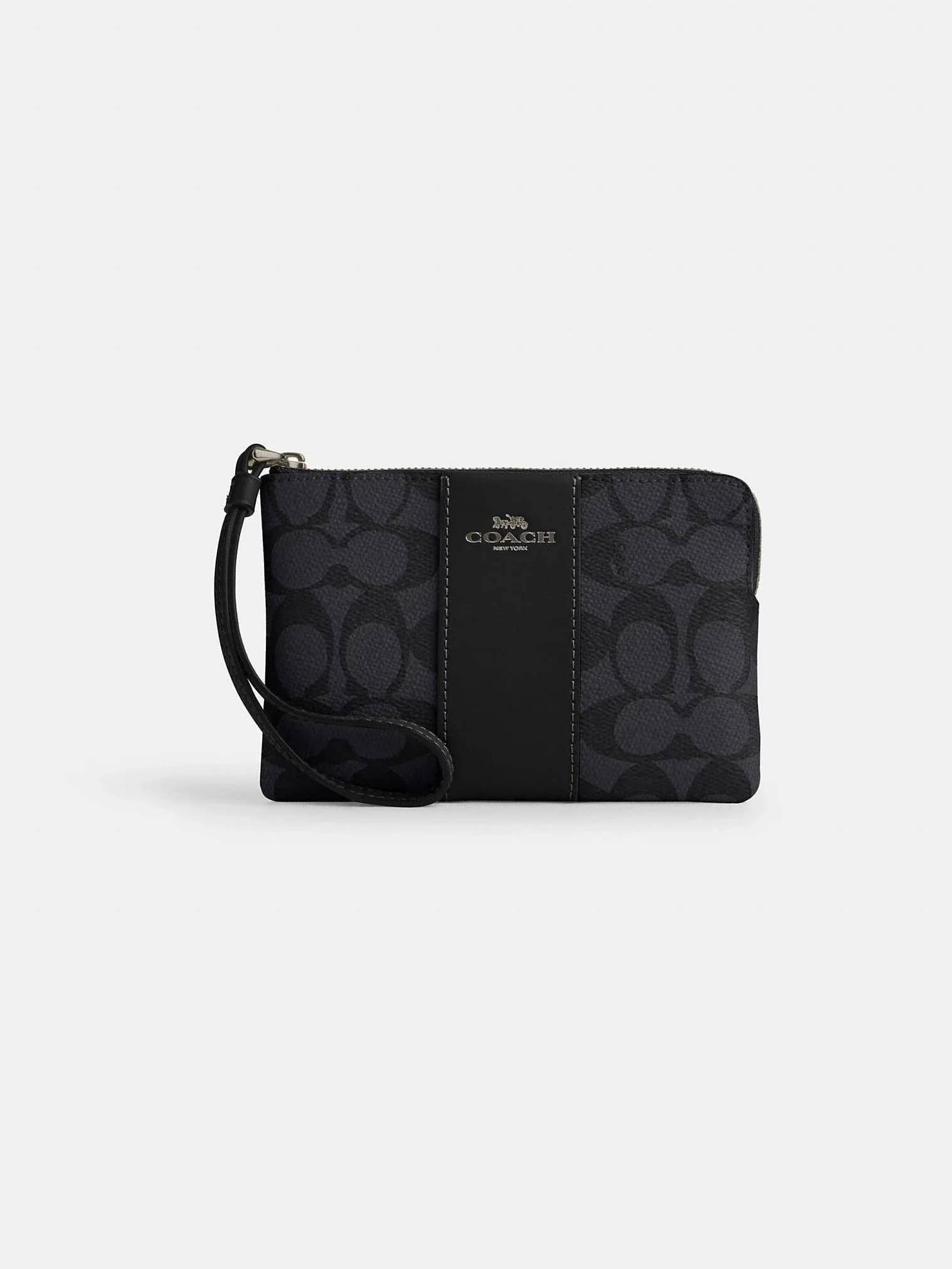 Monedero de Muñeca Corner Zip en Lona Signature con Franja en color Gunmetal / Gris carbón / Negro