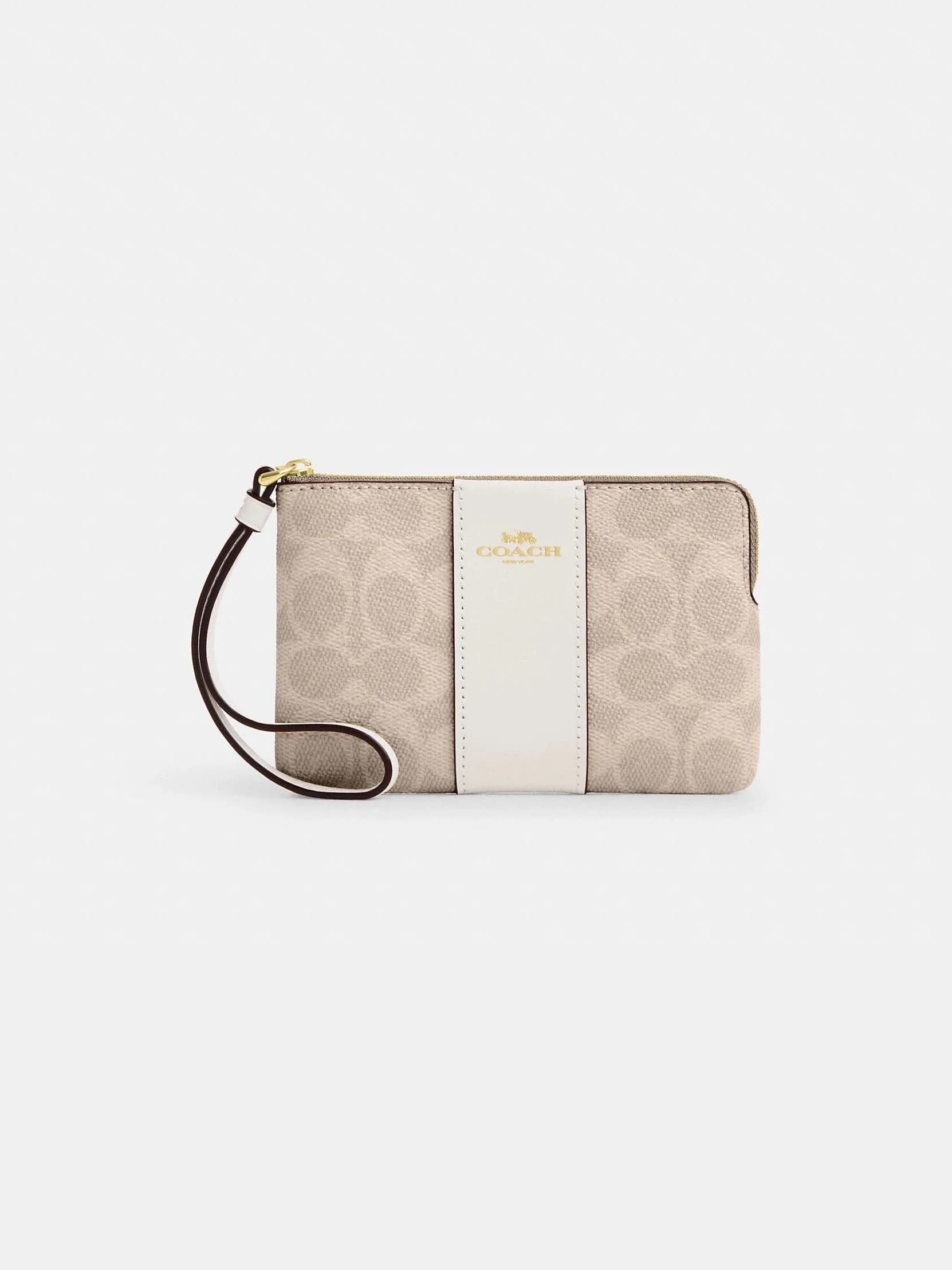 Monedero de Muñeca Corner Zip en Lona Signature con Franja en color Dorado / Arena / Tiza