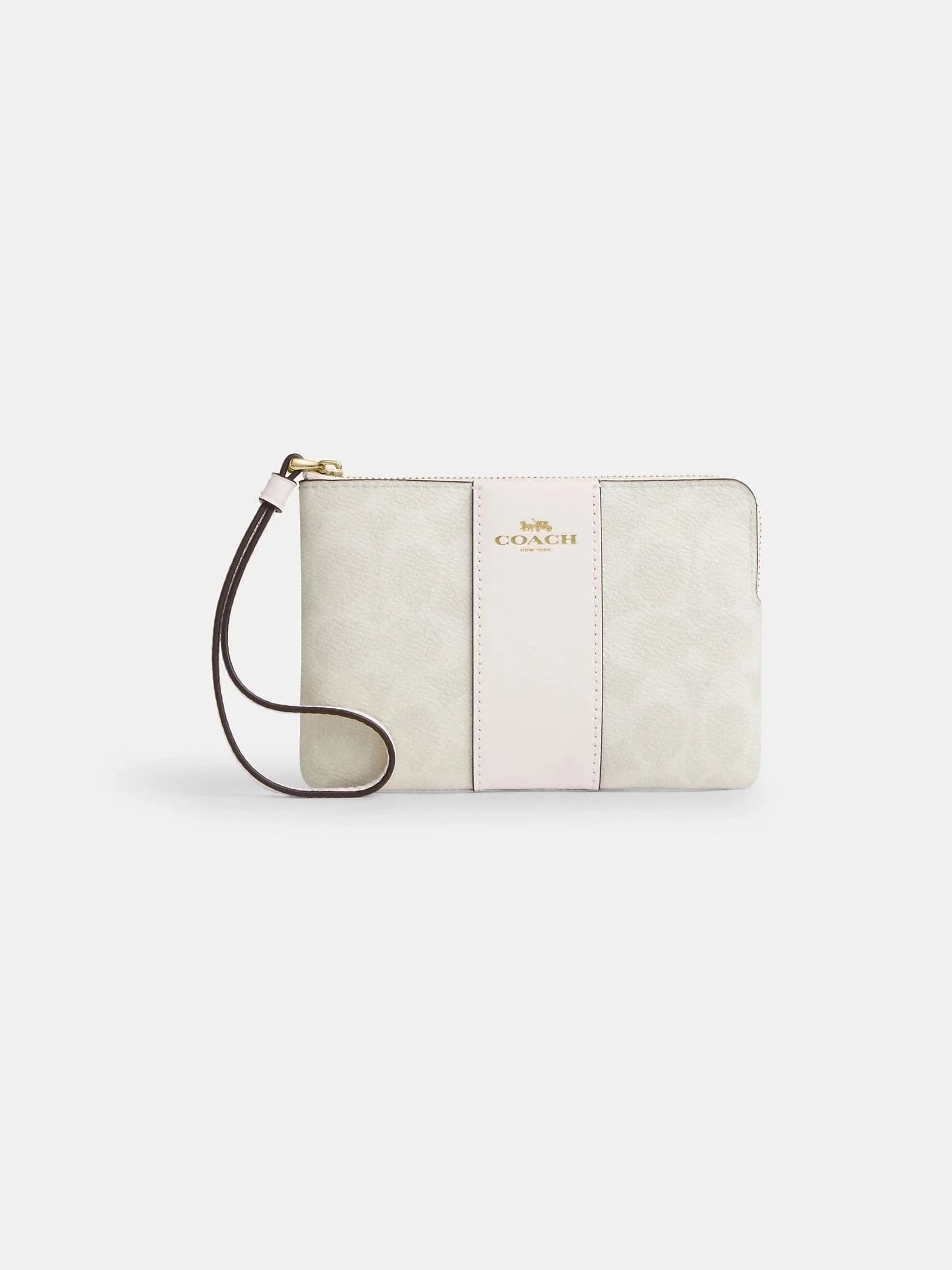 Monedero de Muñeca Corner Zip en Lona Signature con Franja en color Dorado / Blanco / Tiza