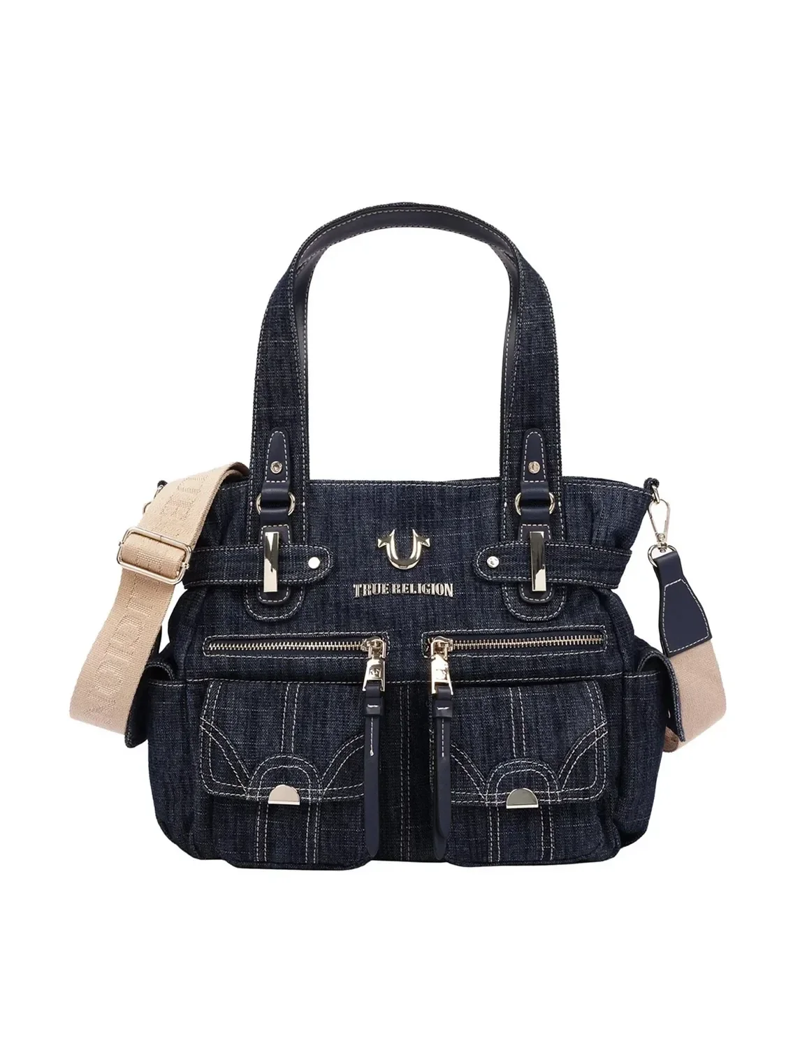 Bolso tote de mezclilla con múltiples bolsillos y cierre ajustable