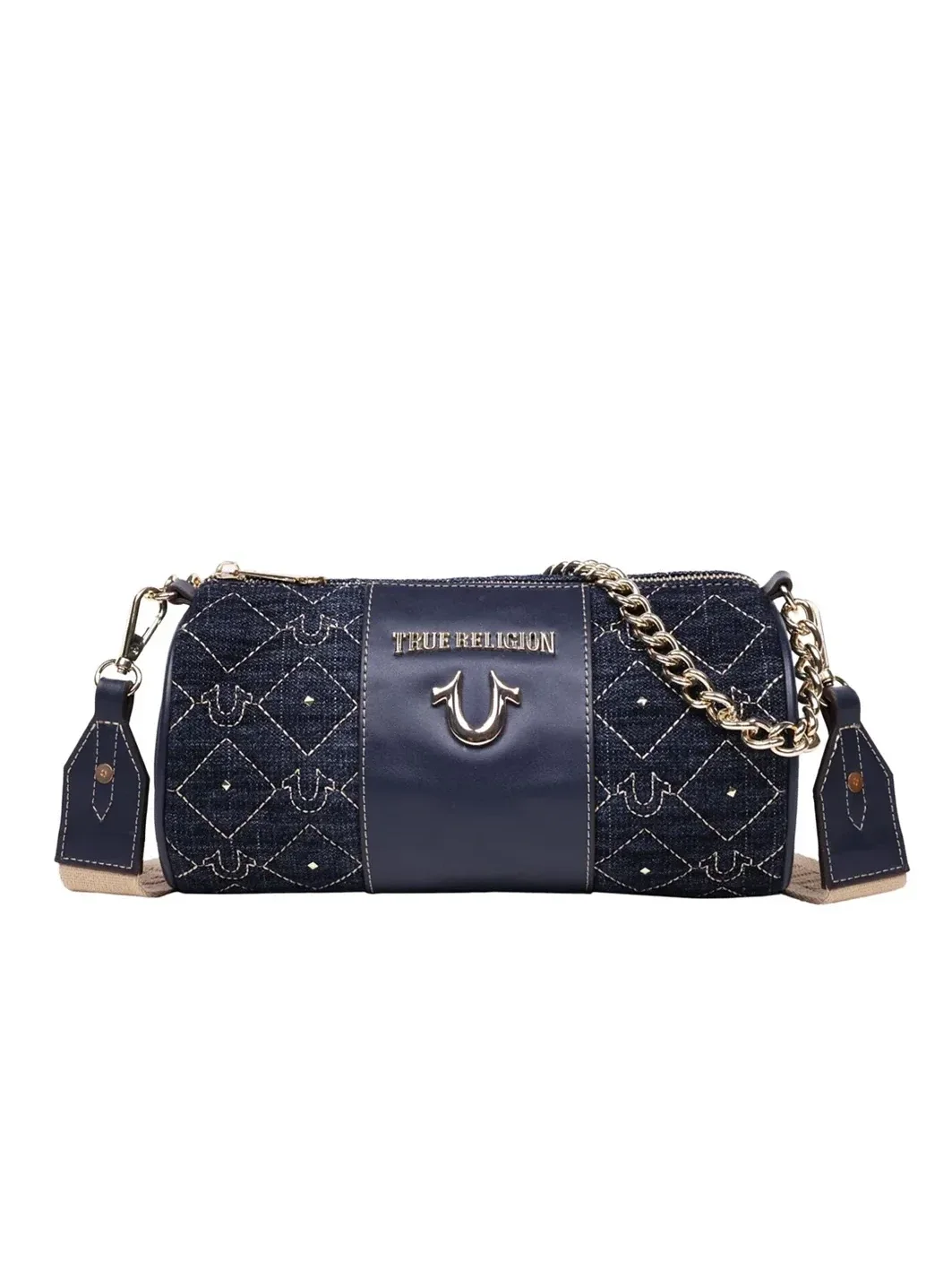 Bolso cilíndrico en denim con tachuelas