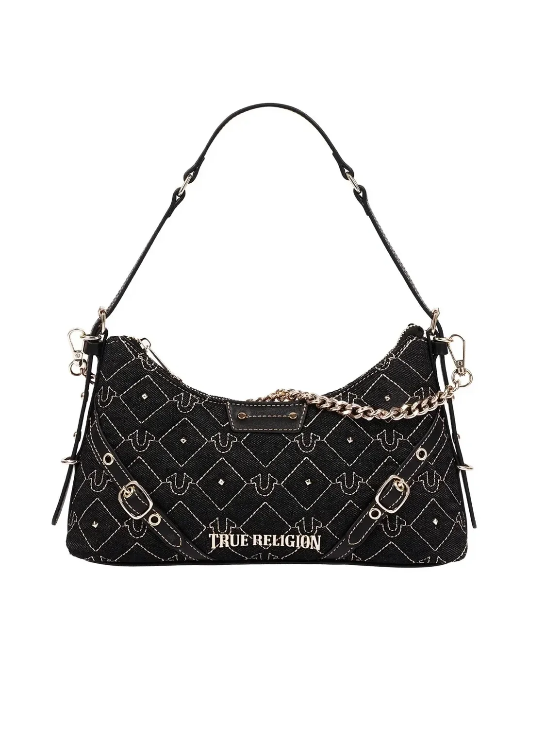 Bolso de hombro en denim con tachuelas y cadena