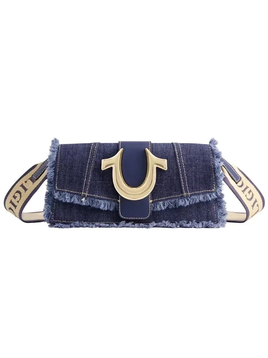 Bolso de solapa en denim deshilachada con correa con logo - imagen 1