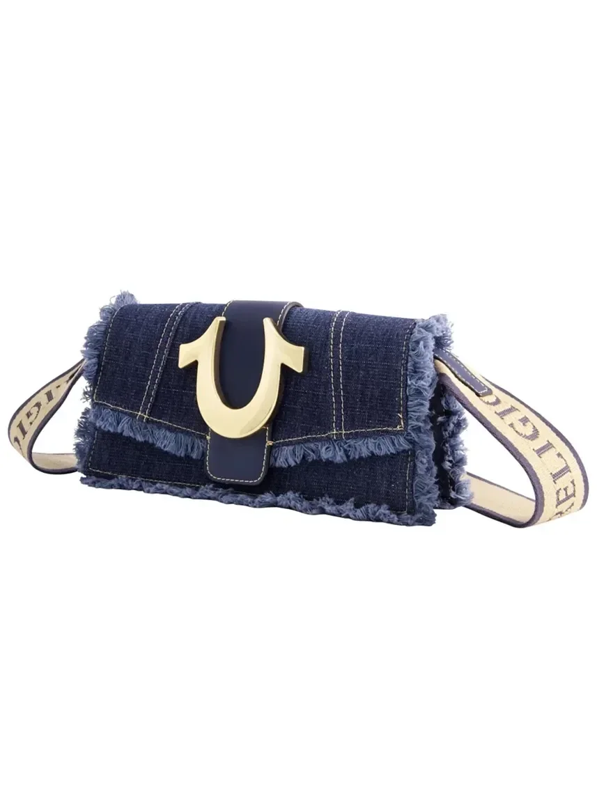 Bolso de solapa en denim deshilachada con correa con logo - imagen 2