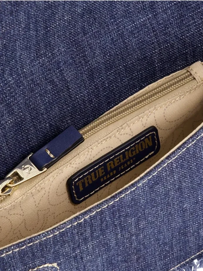 Bolso de solapa en denim deshilachada con correa con logo - imagen 5