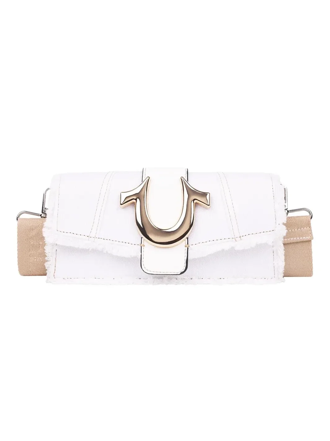Bolso en denim deshilachado con solapa y correa con logo