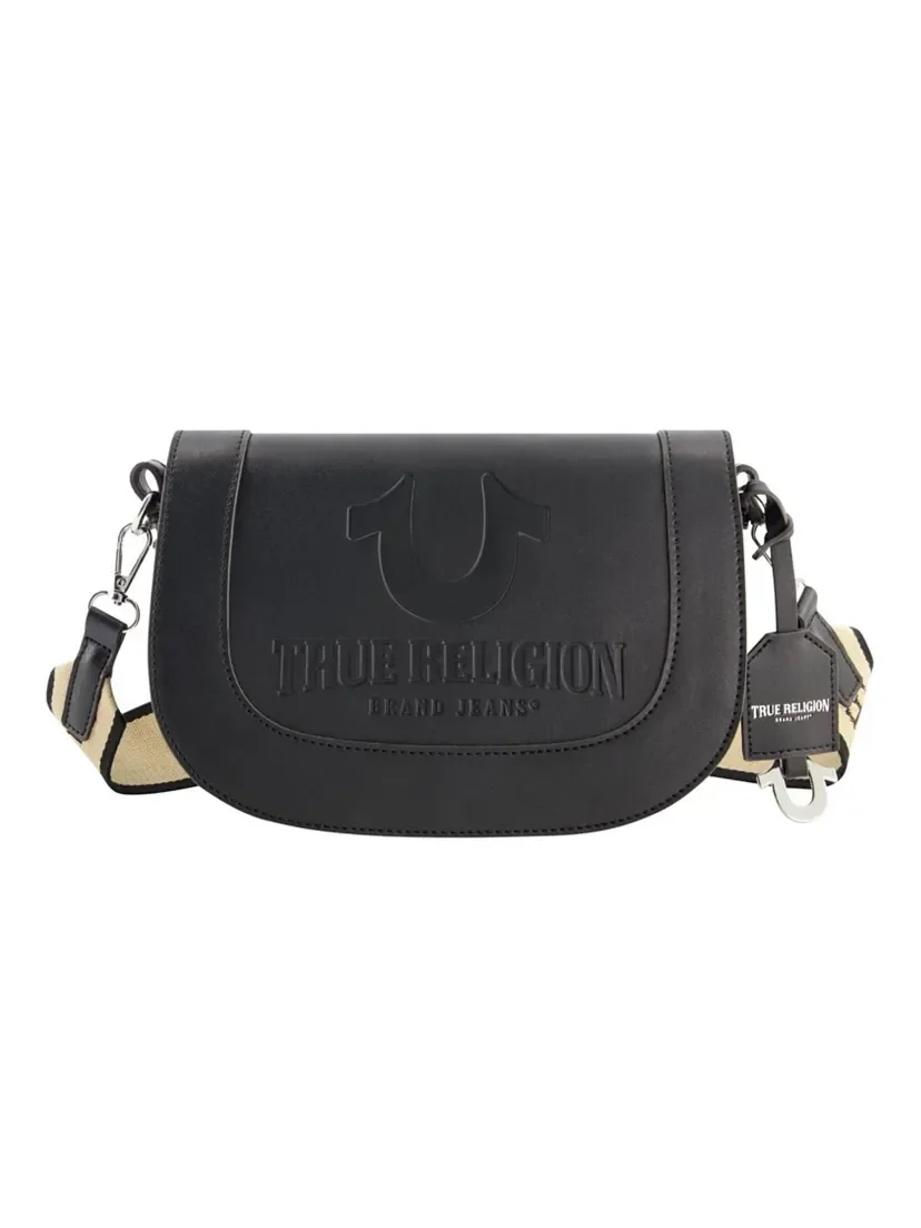 Bolso de hombro con solapa y logo grabado en relieve