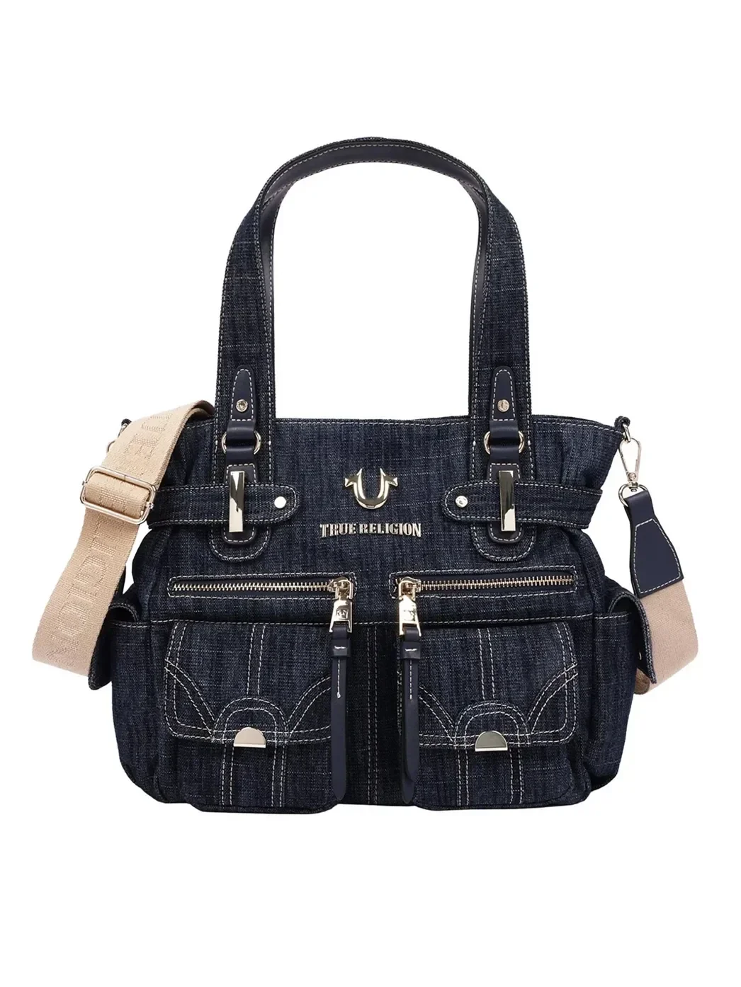 Bolso Tote en denim con múltiples bolsillos y cierre ajustable