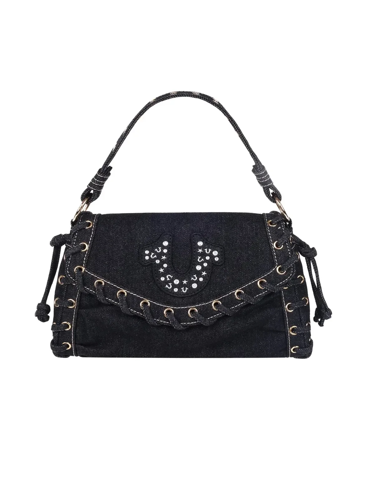 Bolso en denim con solapa y tachuelas en forma de herradura