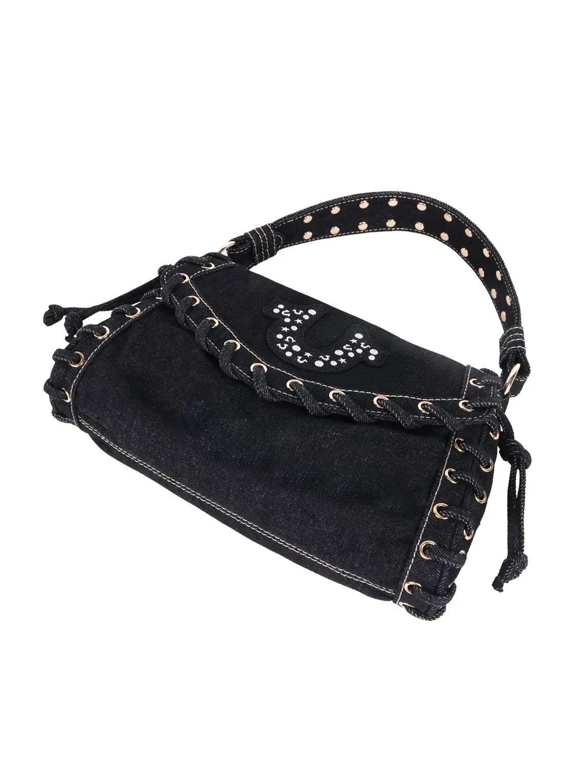 Bolso en denim con solapa y tachuelas en forma de herradura - imagen 3
