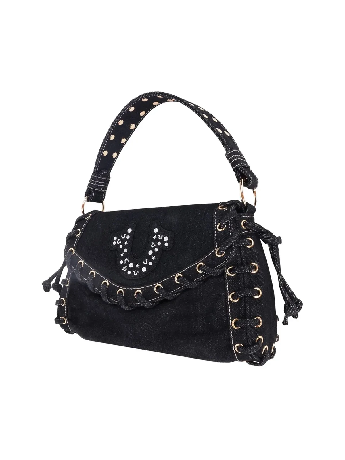 Bolso en denim con solapa y tachuelas en forma de herradura - imagen 4