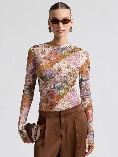 Blusa en Malla Estampada de Manga Larga