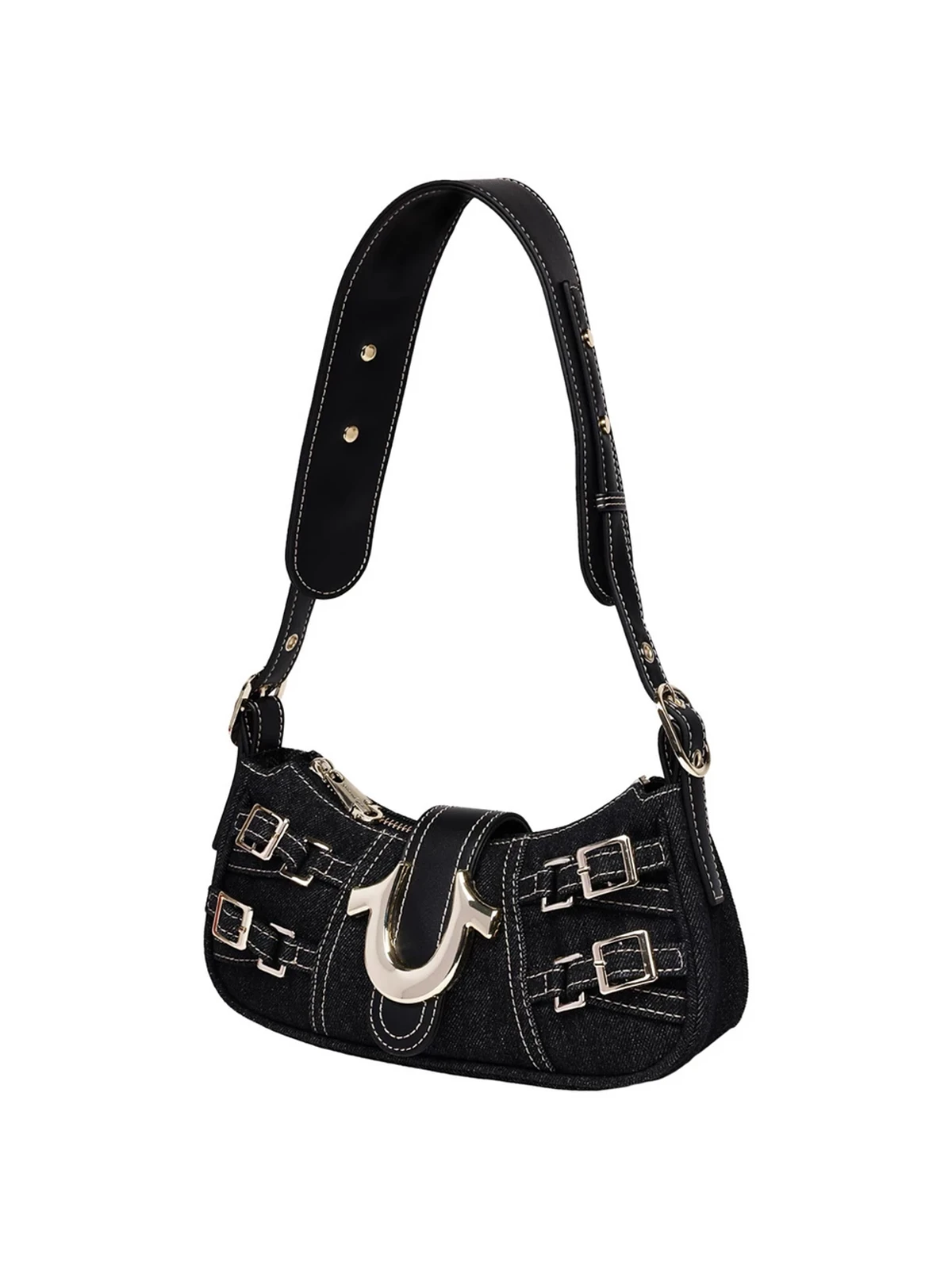 Bolso de Hombro Crescent en Denim con Múltiples Correas - imagen 3