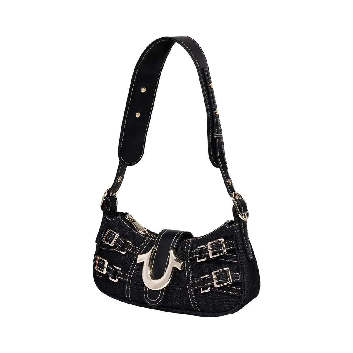 Bolso de Hombro Crescent en Denim con Múltiples Correas - imagen 3
