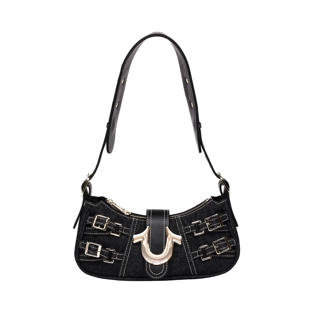 Bolso de Hombro Crescent en Denim con Múltiples Correas