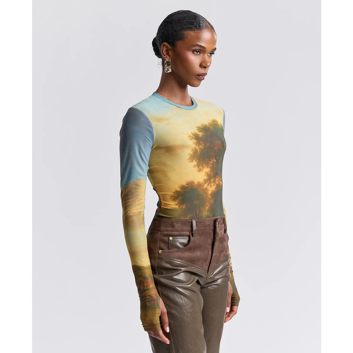 Blusa en Malla Estampada de Manga Larga