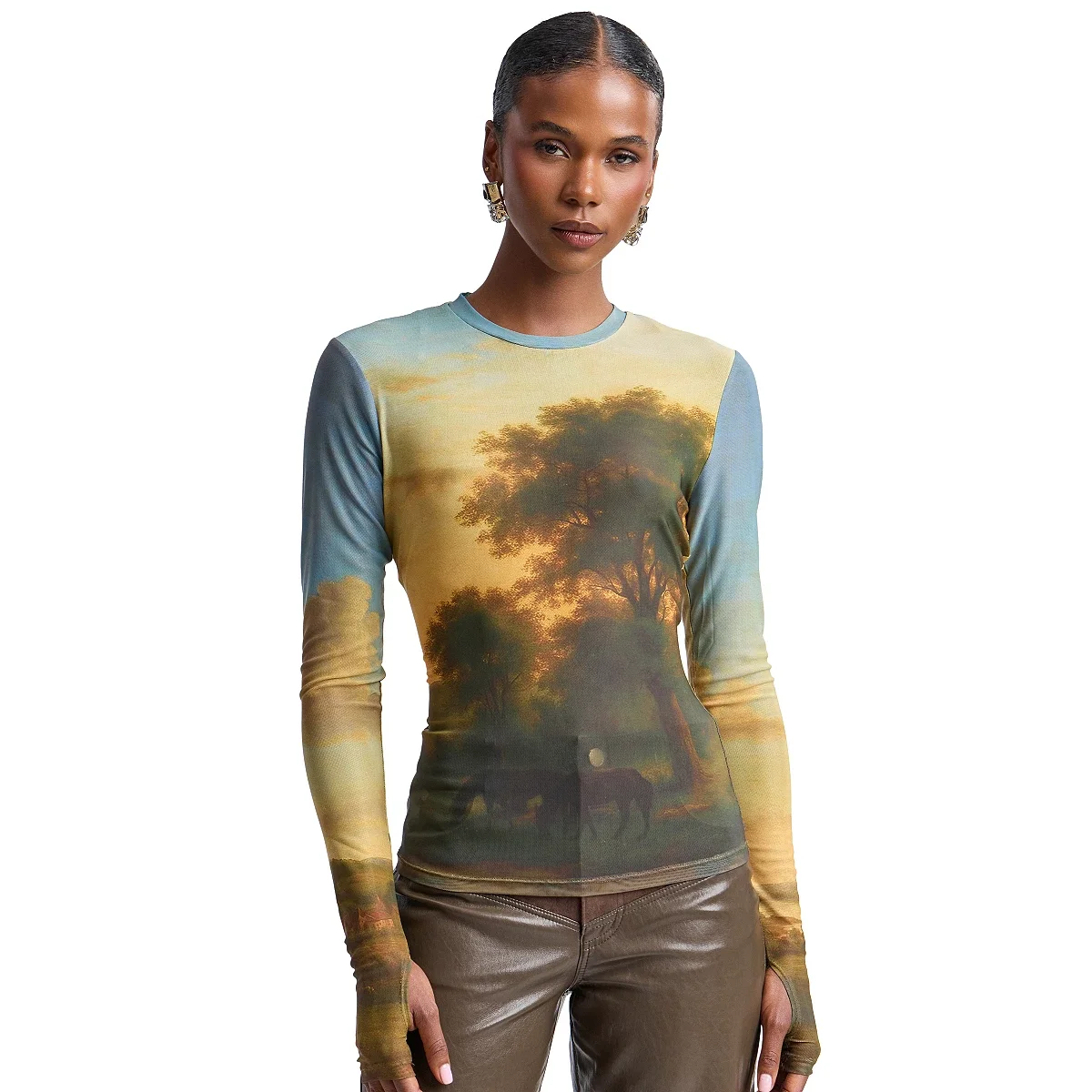 Blusa en Malla Estampada de Manga Larga