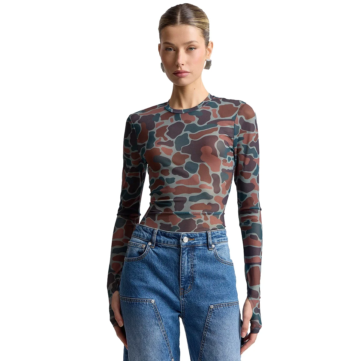 Blusa en Malla Estampada de Manga Larga