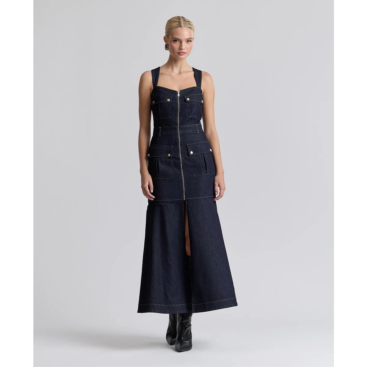 Vestido Midi en Denim con Cremallera y Bolsillos Cargo