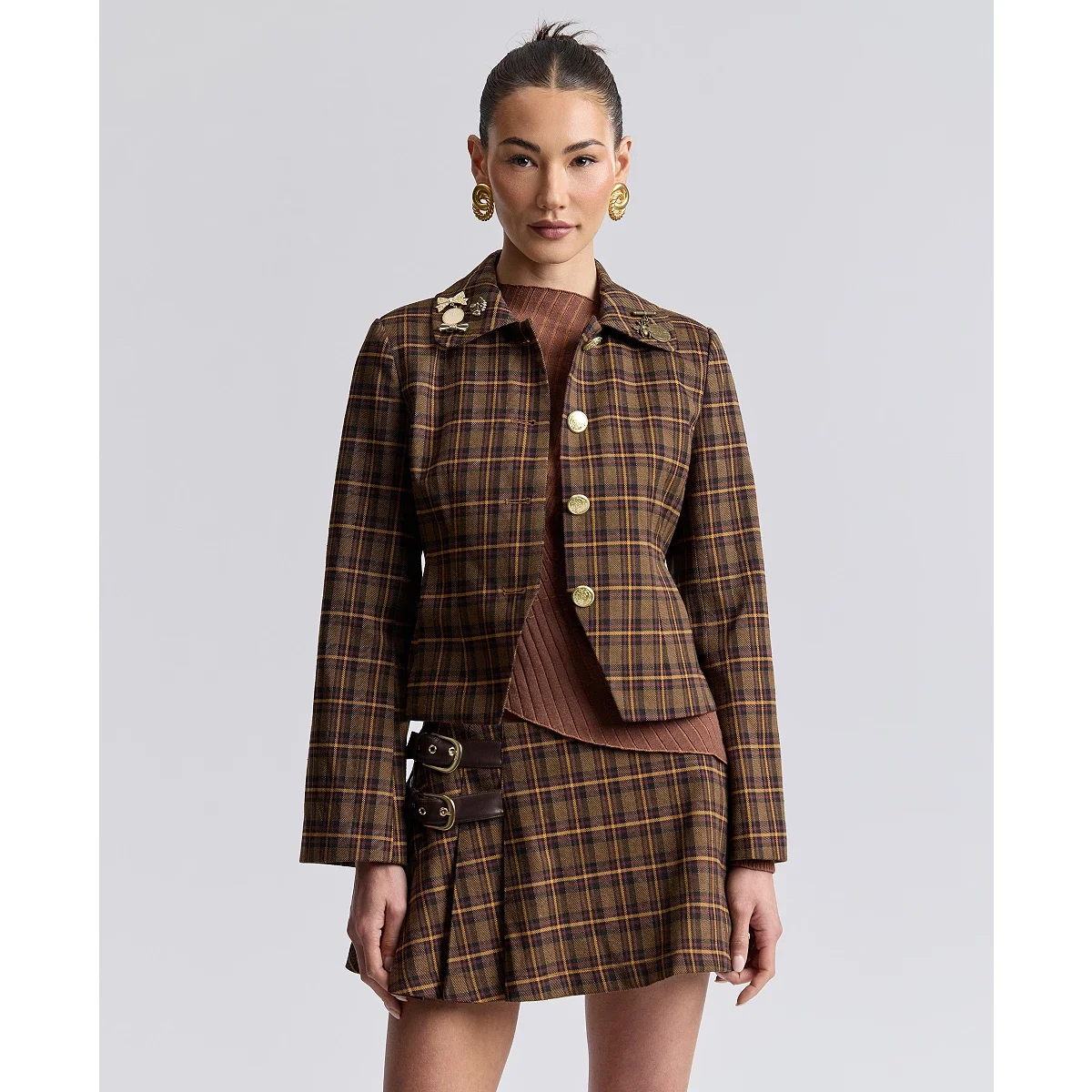 Chaqueta Entallada con Cuello en Pico Retro Plaid - imagen 10