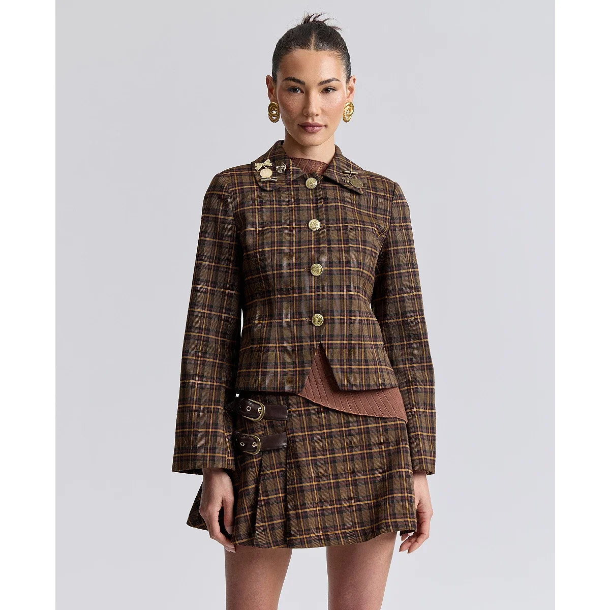 Chaqueta Entallada con Cuello en Pico Retro Plaid - imagen 4
