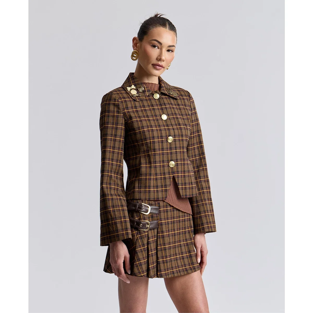 Chaqueta Entallada con Cuello en Pico Retro Plaid - imagen 3