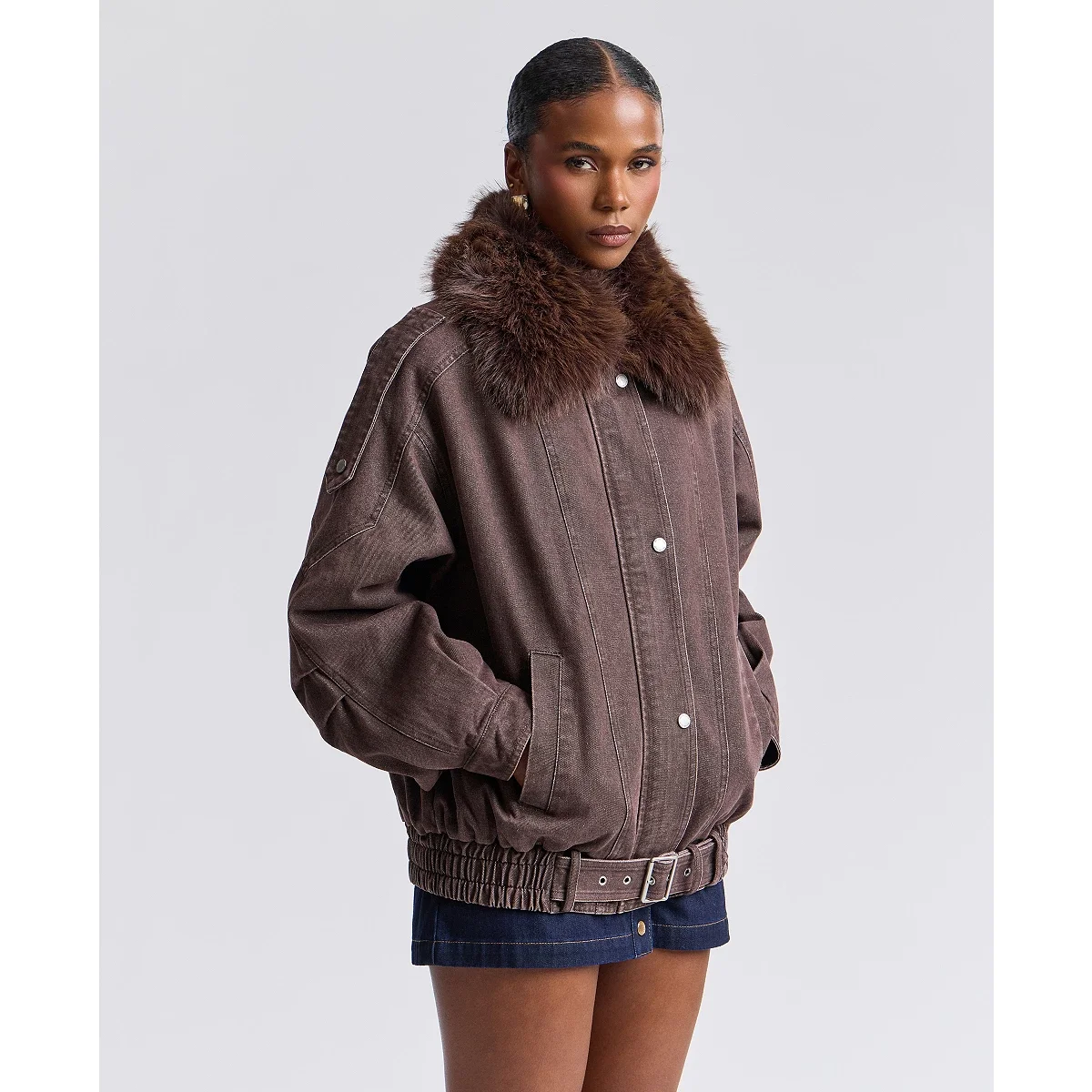 Chaqueta Bomber Oversize con Cuello de Piel Sintética Desmontable