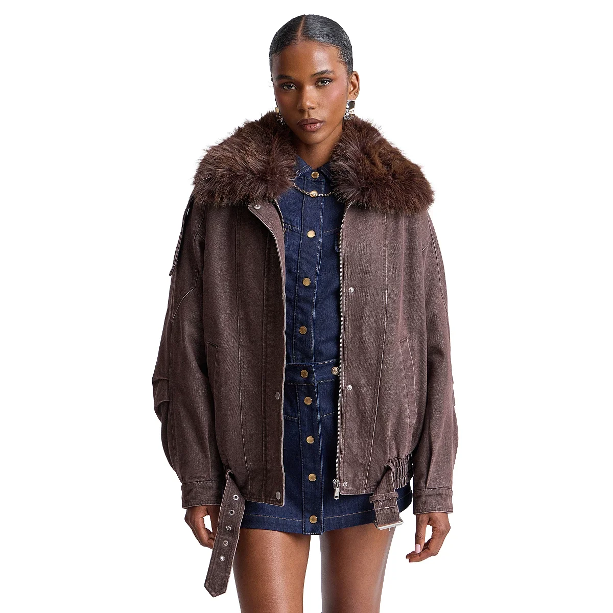 Chaqueta Bomber Oversize con Cuello de Piel Sintética Desmontable - imagen 3