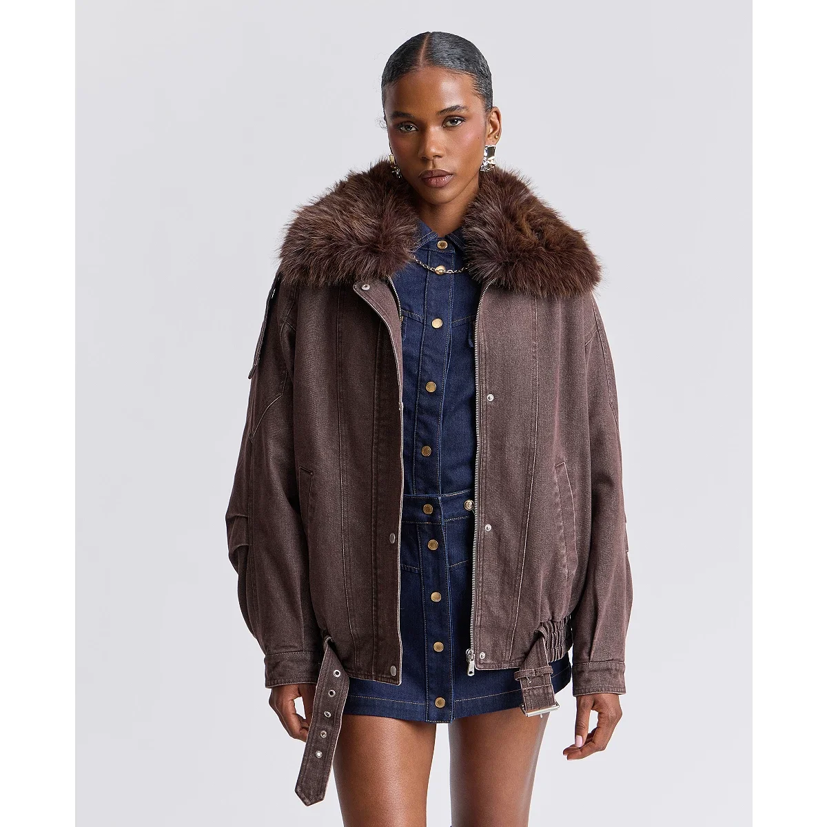 Chaqueta Bomber Oversize con Cuello de Piel Sintética Desmontable - imagen 6